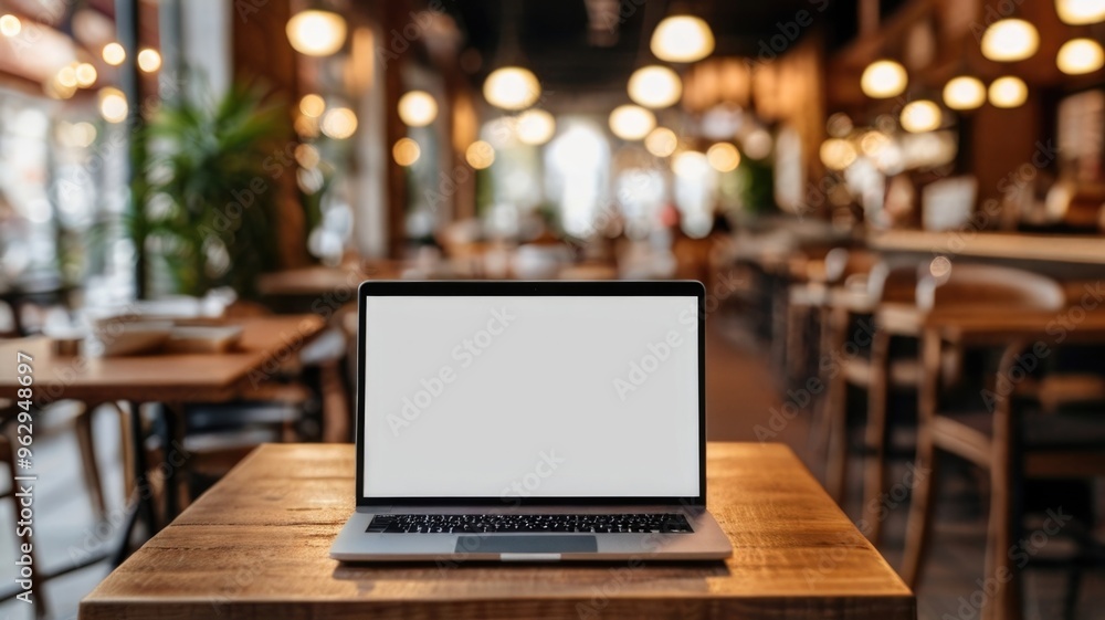 Blank screen laptop mockup on cafe Blank screen laptop mockup on cafe