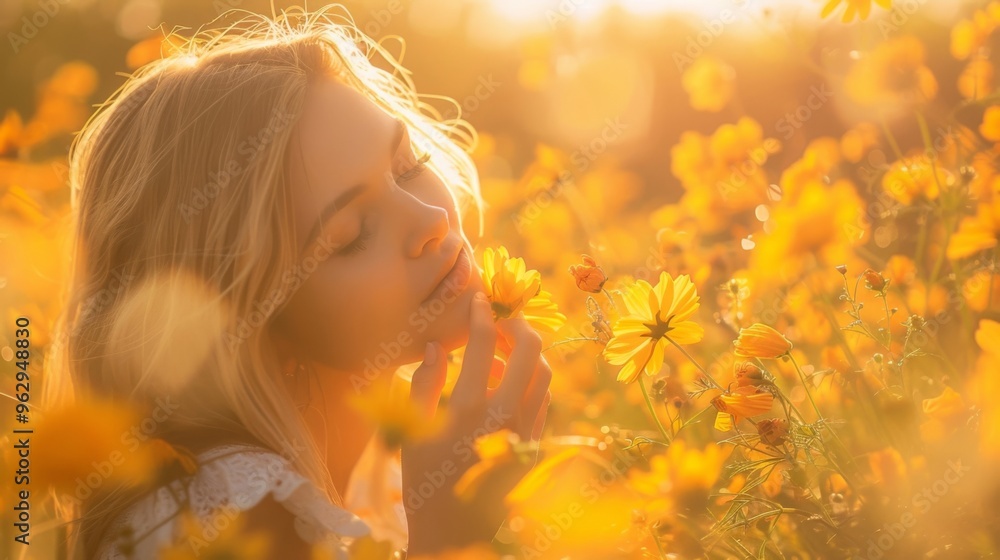 Fototapeta premium Woman enjoying sunlight and floral scent in a field of yellow flowers. Soft golden light bathes the scene creating a warm, peaceful atmosphere.