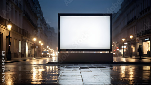 white large blank banner mockup in black frame, display, billboard in night city among lights and buildings in rainy weather, advertising, marketing, promotion, copy space
