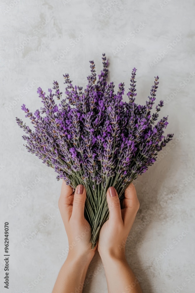 A pair of hands holding a bunch of fresh lavender against a light, neutral background A pair of hands holding a bunch of fresh lavender against a light, neutral background