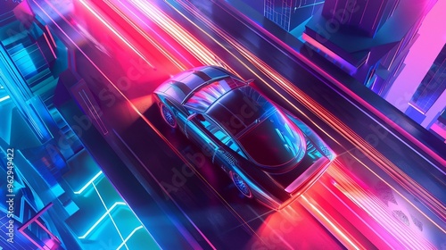 Dynamic aerial shot of the car navigating through a futuristic cityscape. AI generate illustration