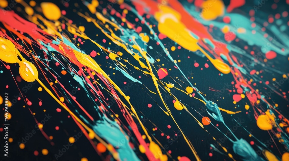 Dynamic paint splatters in artistic formation