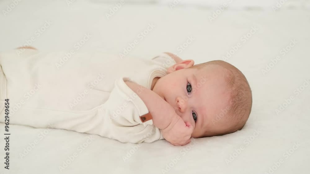 A newborn baby is lying on the back of the bed at home in a white bodysuit, a place for text A newborn baby is lying on the back of the bed at home in a white bodysuit, a place for text