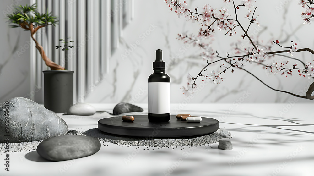 A black bottle with a white label sits on a wooden tray surrounded by smooth stones and delicate blossoms. A black bottle with a white label sits on a wooden tray surrounded by smooth stones and delicate blossoms.