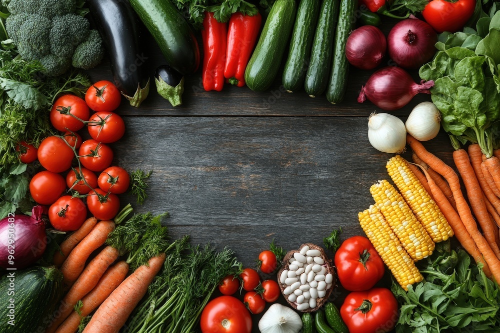 Fresh vegetables in a colorful arrangement on a wooden table, perfect for meal preparation Fresh vegetables in a colorful arrangement on a wooden table, perfect for meal preparation