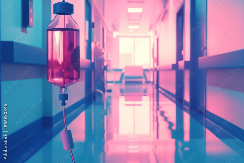 Hospital corridor with pink floor and white walls. Medical IV bag hangs from ceiling by black hose. Empty hallway creates sense of solitude. Perspective looks down long corridor adding depth. Hospital corridor with pink floor and white walls. Medical IV bag hangs from ceiling by black hose. Empty hallway creates sense of solitude. Perspective looks down long corridor adding depth.