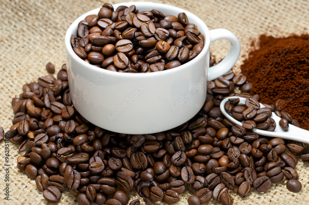 some coffee beans and a cup of coffee some coffee beans and a cup of coffee