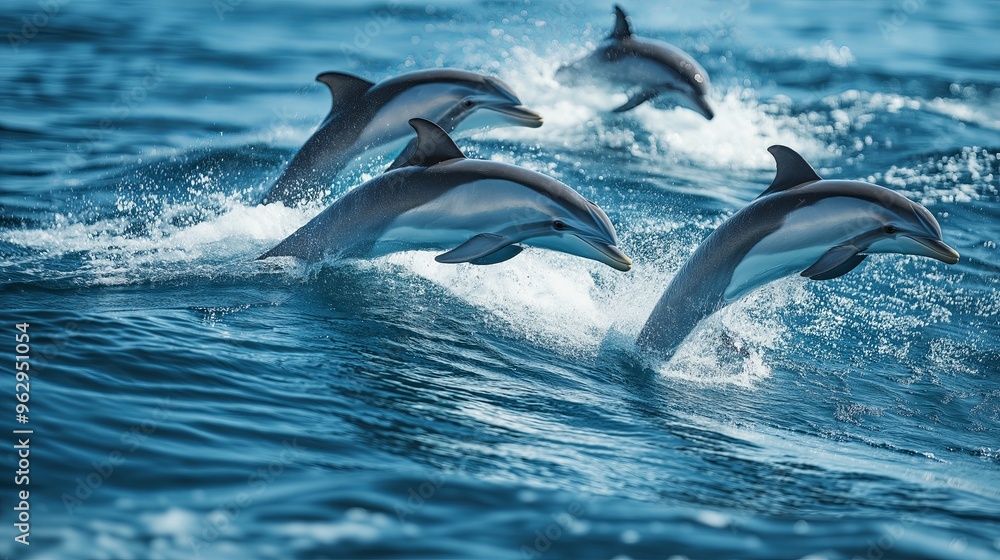 Naklejka premium A group of dolphins playfully leaping and diving through the waves