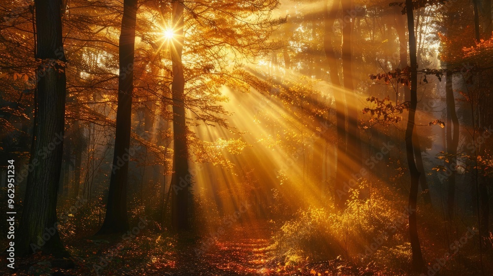 Naklejka premium Golden sun rays streaming through an autumn forest