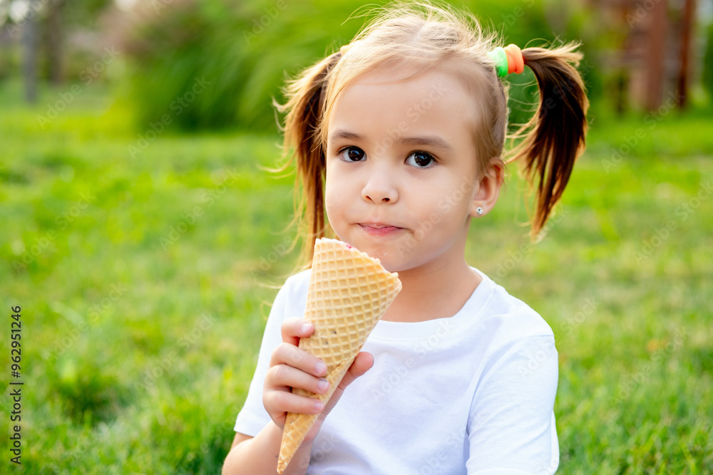 a baby girl eats ice cream in the summer on a green lawn in the park, a bright summer photo of children's holidays, a little girl laughing and having fun in the summer a baby girl eats ice cream in the summer on a green lawn in the park, a bright summer photo of children's holidays, a little girl laughing and having fun in the summer