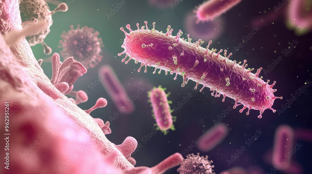 Close up of bacteria and virus cells. Biology, Science medicine background Close up of bacteria and virus cells. Biology, Science medicine background