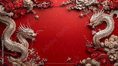 Wallpaper Mural Two silver dragons with red and white abstract shapes and gold stars on red background. Torontodigital.ca