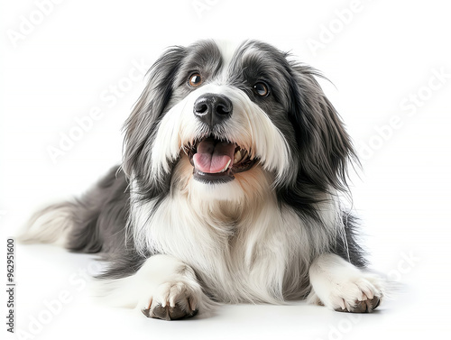 Adorable black and white dog with a happy expression lying on a white background, perfect for pet-related content.