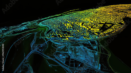 Technical aerial visual, 3D LiDAR GIS aerial map satellite scan model isolated, showing Asuncin, Paraguay . Elevation, topography, render photo