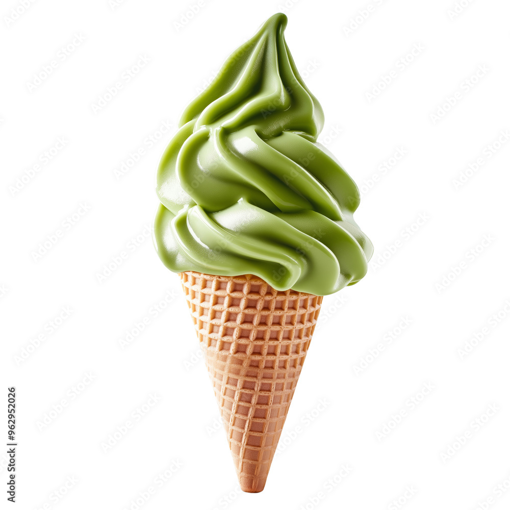 Delicious green matcha ice cream in a waffle cone, isolated on white background. Perfect for dessert and food-themed projects. Delicious green matcha ice cream in a waffle cone, isolated on white background. Perfect for dessert and food-themed projects.