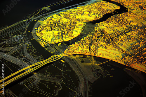 Technical aerial visual, 3D LiDAR GIS aerial map satellite scan model isolated, showing Asuncin, Paraguay . Elevation, topography, render photo