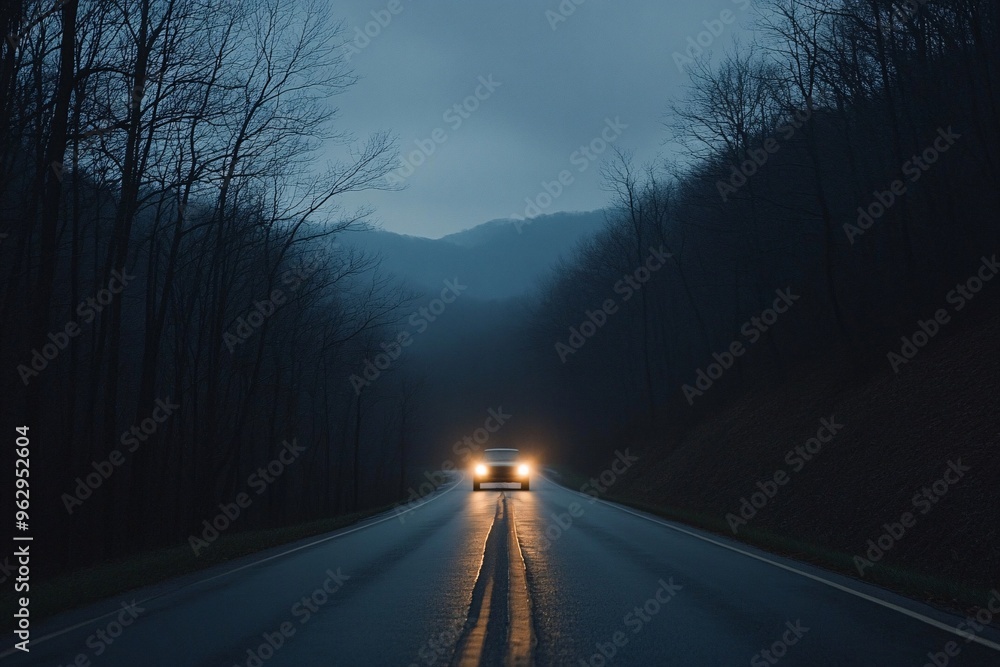Fototapeta premium A car navigating a winding road illuminated by headlights on a dark night surrounded by trees