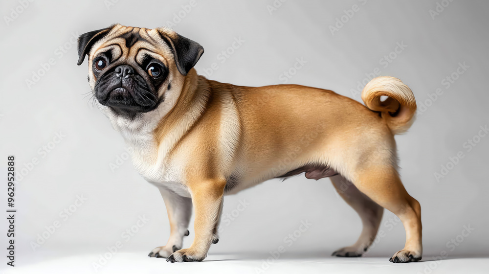 Obraz premium A charming pug dog showcasing its unique features and playful personality in a studio setting.