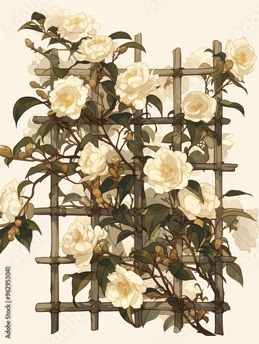  Wooden trellis adorned with white camellias and suspended birdcages, rendered in digital illustration clipart style, embodying the essence of cottagecore aesthetics. photo