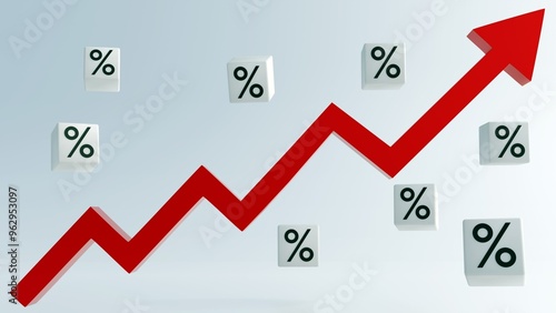 3d rendering of a red arrow pointing up and cubes with percentage symbols, suggesting something related to percentages, such as interest rates, inflation, or returns on investment. photo