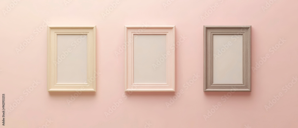 Three rectangular picture frames are mounted on a pale pink wall. The frames are in different shades, ranging from cream to light pink to gray, creating a subtle color gradient effect. Generative AI Three rectangular picture frames are mounted on a pale pink wall. The frames are in different shades, ranging from cream to light pink to gray, creating a subtle color gradient effect. Generative AI