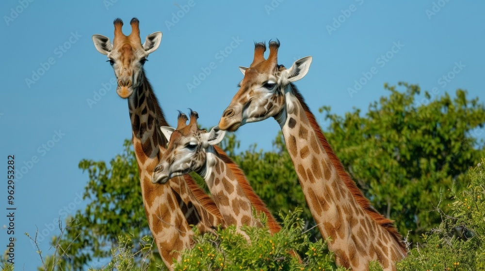 Fototapeta premium Graceful giraffes browsing treetops for food