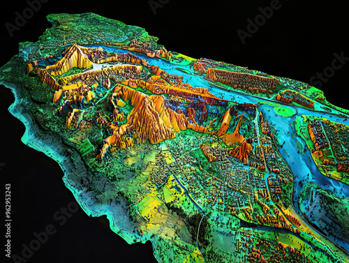 Technical aerial visual, 3D LiDAR GIS aerial map satellite scan model isolated, showing Asuncin, Paraguay . Elevation, topography, render photo