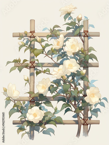  Wooden trellis adorned with white camellias and suspended birdcages, rendered in digital illustration clipart style, embodying the essence of cottagecore aesthetics. photo