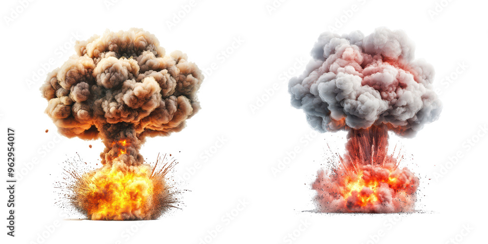 Set of 2 explosion with fire and smoke isolate on transparent background, cutout, png Set of 2 explosion with fire and smoke isolate on transparent background, cutout, png