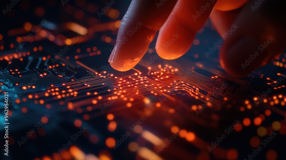 Finger touching a digital hologram, representing a futuristic technology concept Finger touching a digital hologram, representing a futuristic technology concept