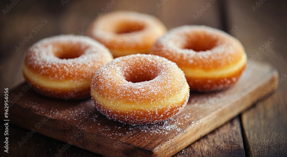 Delicious powdered sugar donuts on a rustic wooden surface showcasing their fluffy texture and golden-brown color Delicious powdered sugar donuts on a rustic wooden surface showcasing their fluffy texture and golden-brown color