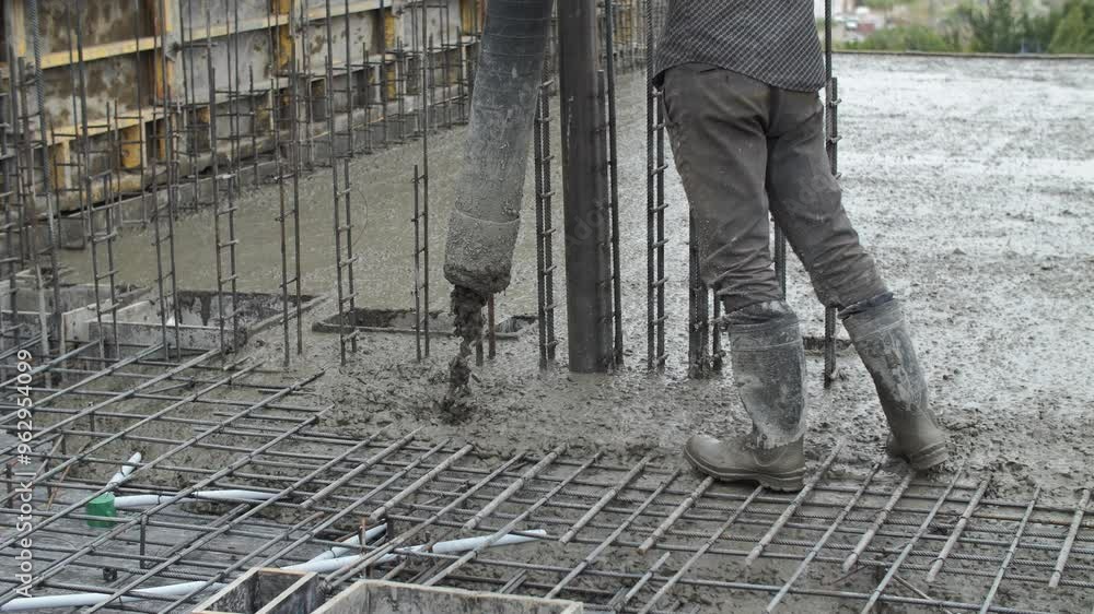 Builders pour concrete at a construction site Builders pour concrete at a construction site
