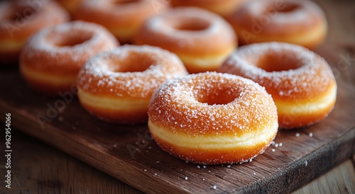 Delicious powdered sugar donuts on a rustic wooden surface showcasing their fluffy texture and golden-brown color photo