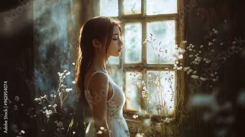 A girl in a light dress stands at an old window, her silhouette is illuminated by soft sunlight. Flowers are all around, creating an atmosphere of privacy and tenderness of nature.