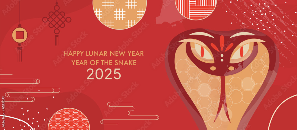 Fototapeta premium Happy Lunar Year Banner Template with Golden Red Snake - Symbol of the 2025 Year of the Snake. Red Background, Oriental Ornaments and Patterns, CNY Decorations.