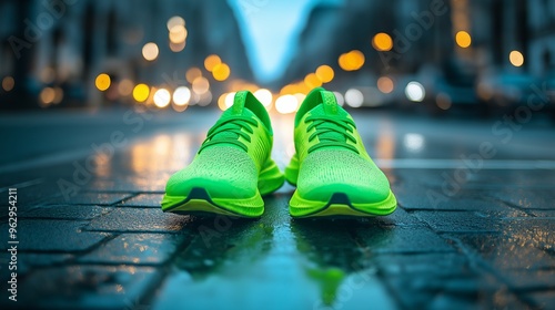 A pair of bright green running shoes sit on a wet city street at night with blurry city lights in the background.