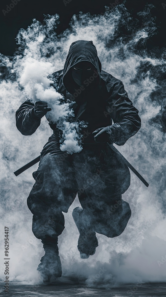 Fototapeta premium Vanishing Act: A cloaked ninja disappears into a swirling cloud of smoke, leaving only a whisper of his presence. 