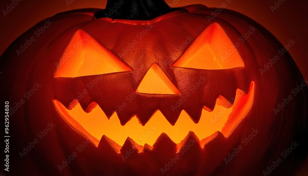 Fototapeta premium Close-Up of a Glowing Jack-O'-Lantern with an Evil Grin, Illuminated from Within, Showcasing Sharp, Angular Eyes. Wide Menacing Smile Bright Orange Pumpkin Against Dark Ominous Background Banner Copy