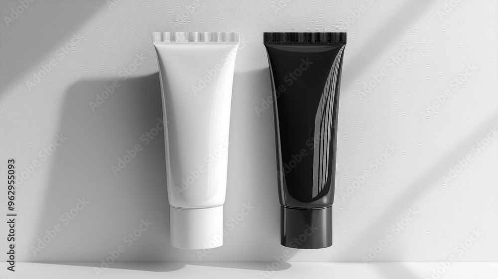 Minimalistic black and white cosmetic tubes with shadows Generative AI Minimalistic black and white cosmetic tubes with shadows Generative AI