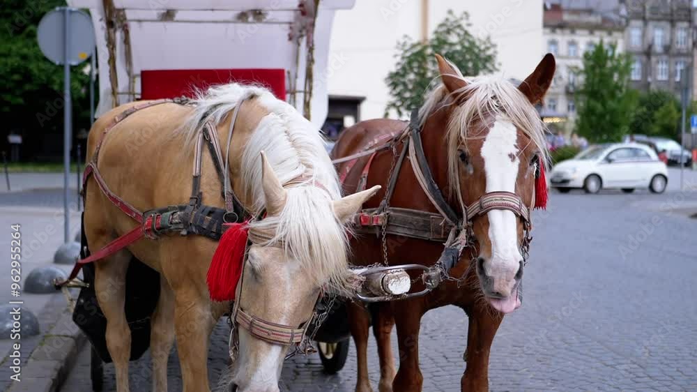 Two Brown Horses Stand in a Team Harnessed to a Cart on a City Street. Excursion or horse-drawn carriage. Close-up, horses chewing. Working horses, animals. Blurred background. Tourism business. Two Brown Horses Stand in a Team Harnessed to a Cart on a City Street. Excursion or horse-drawn carriage. Close-up, horses chewing. Working horses, animals. Blurred background. Tourism business.