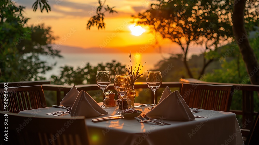 custom made wallpaper toronto digitalA romantic dinner setting on a patio overlooking a sunset over the ocean.
