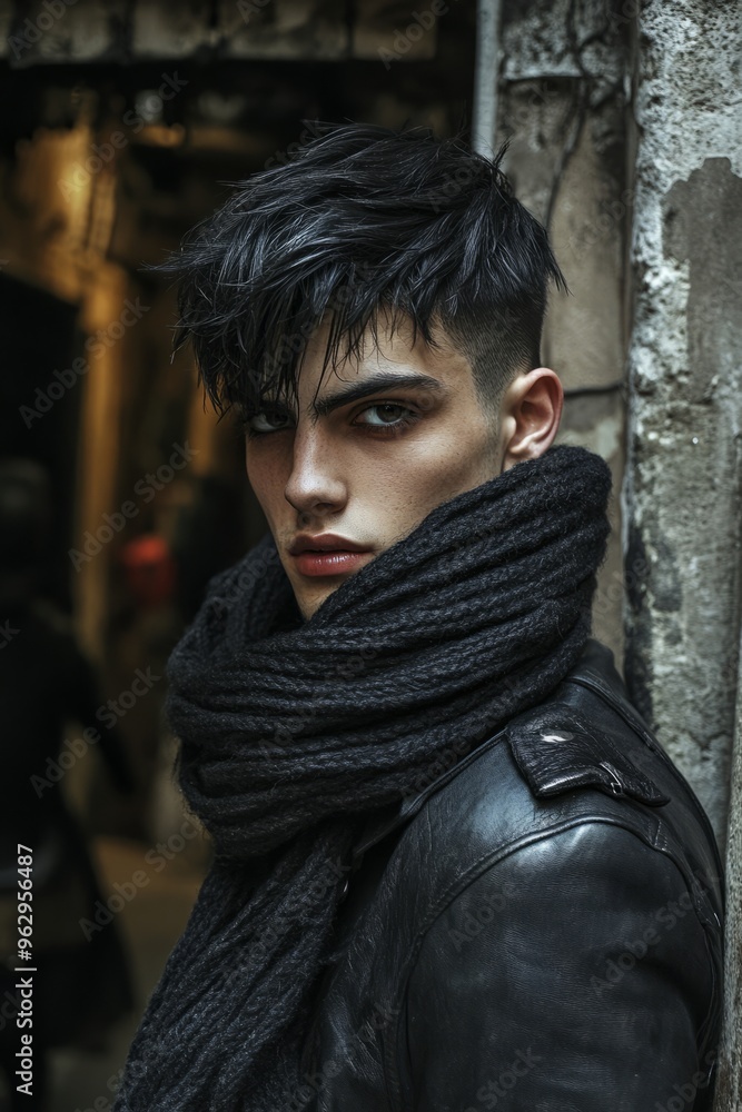 A street-style portrait of a young man with an undercut hairstyle, wearing a leather jacket and scarf A street-style portrait of a young man with an undercut hairstyle, wearing a leather jacket and scarf