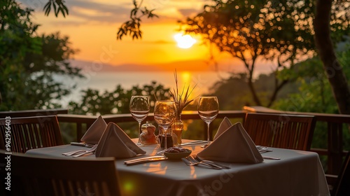Wallpaper Mural A romantic dinner setting on a patio overlooking a sunset over the ocean. Torontodigital.ca