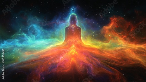 A mystical figure sits in a lotus position, radiating colorful energy against a starry sky, symbolizing spiritual connection and cosmic awareness.