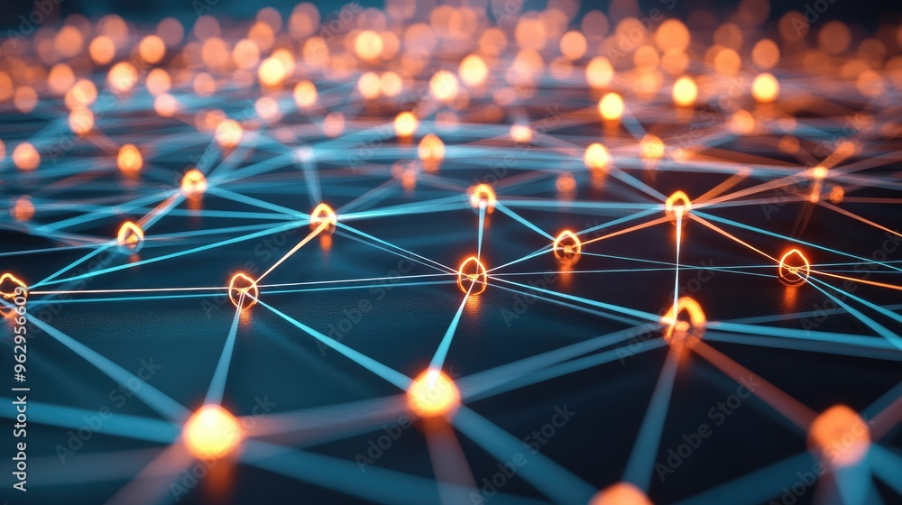Digital nodes linked by glowing paths Digital nodes linked by glowing paths