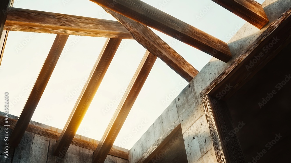 a wooden frame of a house being built, with clean, sharp lines of beams and rafters against a bright sky a wooden frame of a house being built, with clean, sharp lines of beams and rafters against a bright sky
