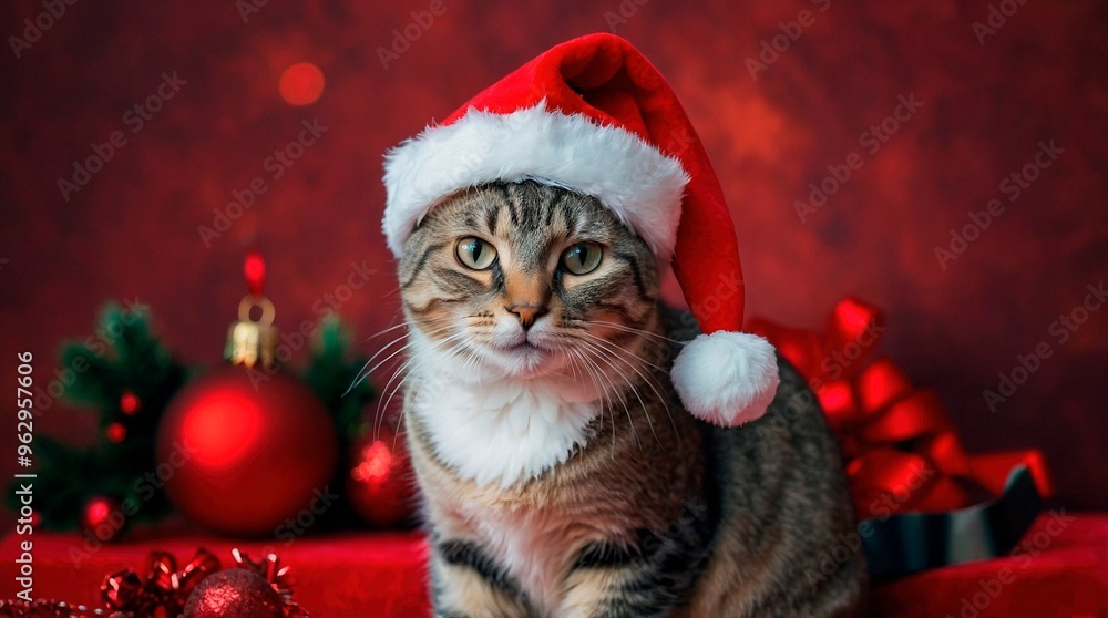 Portrait of a cat in Santas cap on red background. Santa Claus cat. Blurred Christmas decorations in the background. Christmas postcard Portrait of a cat in Santas cap on red background. Santa Claus cat. Blurred Christmas decorations in the background. Christmas postcard