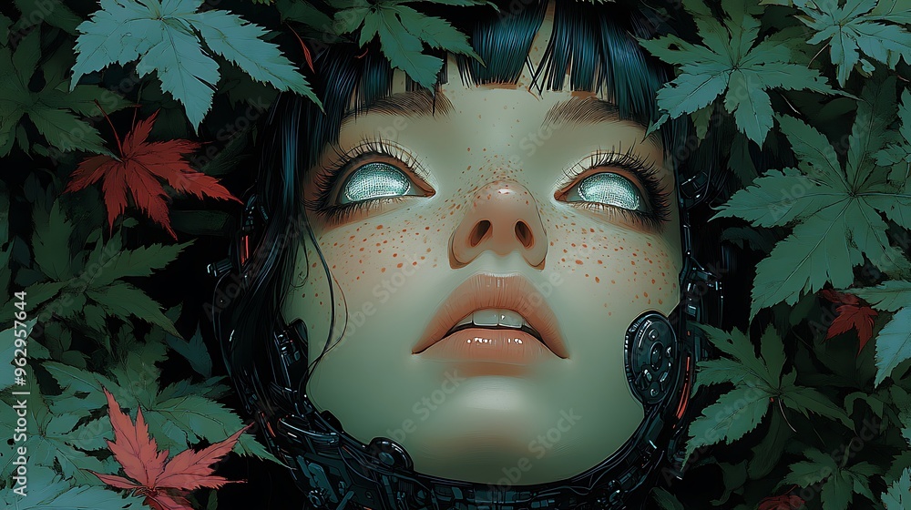 A woman's face with glowing white eyes is surrounded by green leaves and red maple leaves. A woman's face with glowing white eyes is surrounded by green leaves and red maple leaves.