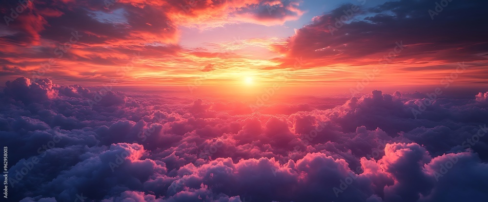 Vibrant sunset above a sea of fluffy clouds, with the sun shining brightly in the distance. Vibrant sunset above a sea of fluffy clouds, with the sun shining brightly in the distance.