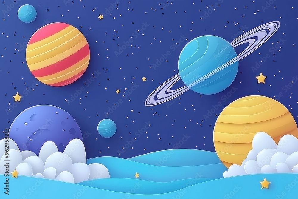 Fototapeta premium Colorful illustrated space scene with planets, stars, and clouds